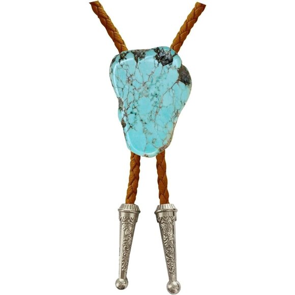 Jewelry - Silver Bolo Tie Unisex Brown Cord with Turquoise Stone Handmade for Weddings